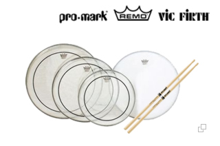 Drum Sticks and Heads from Remo, Pro-Mark, and Vic Firth.