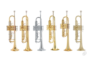 Trumpets from Selmer, Bach, Bundy, Jupiter, Yamaha, and King.